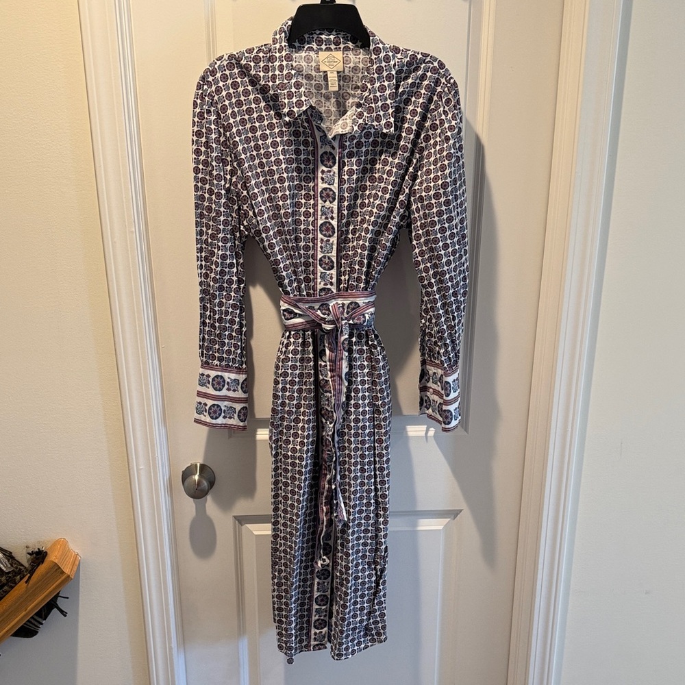 St. John's Bay Purple and White Printed Tie-Waist Shirt Dress